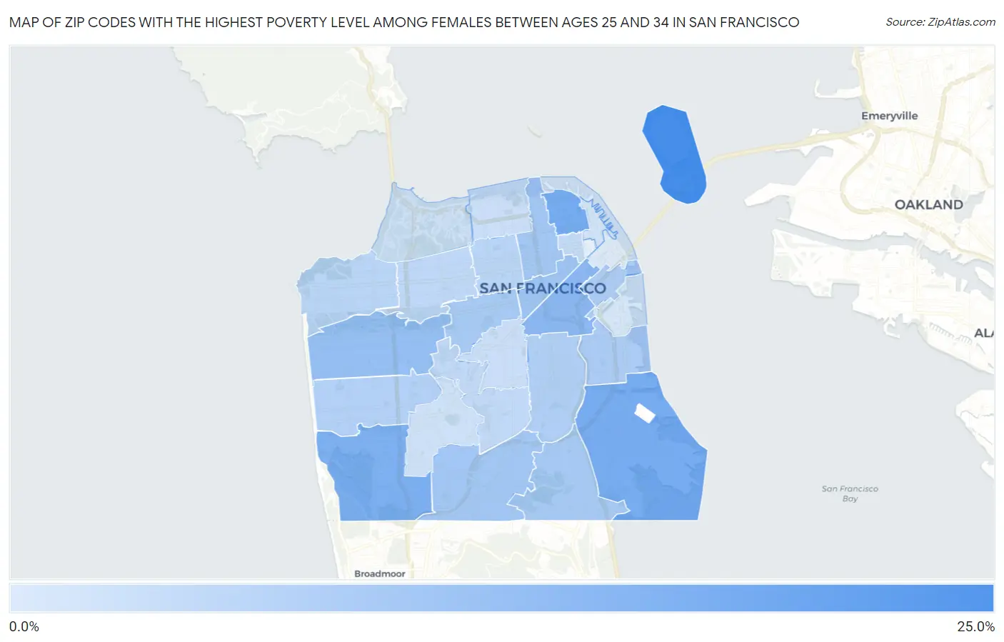 Zip Codes with the Highest Poverty Level Among Females Between Ages 25 and 34 in San Francisco Map