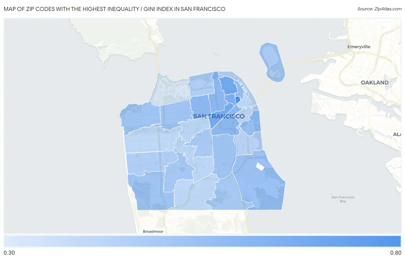 Zip Codes with the Highest Inequality / Gini Index in San Francisco Map