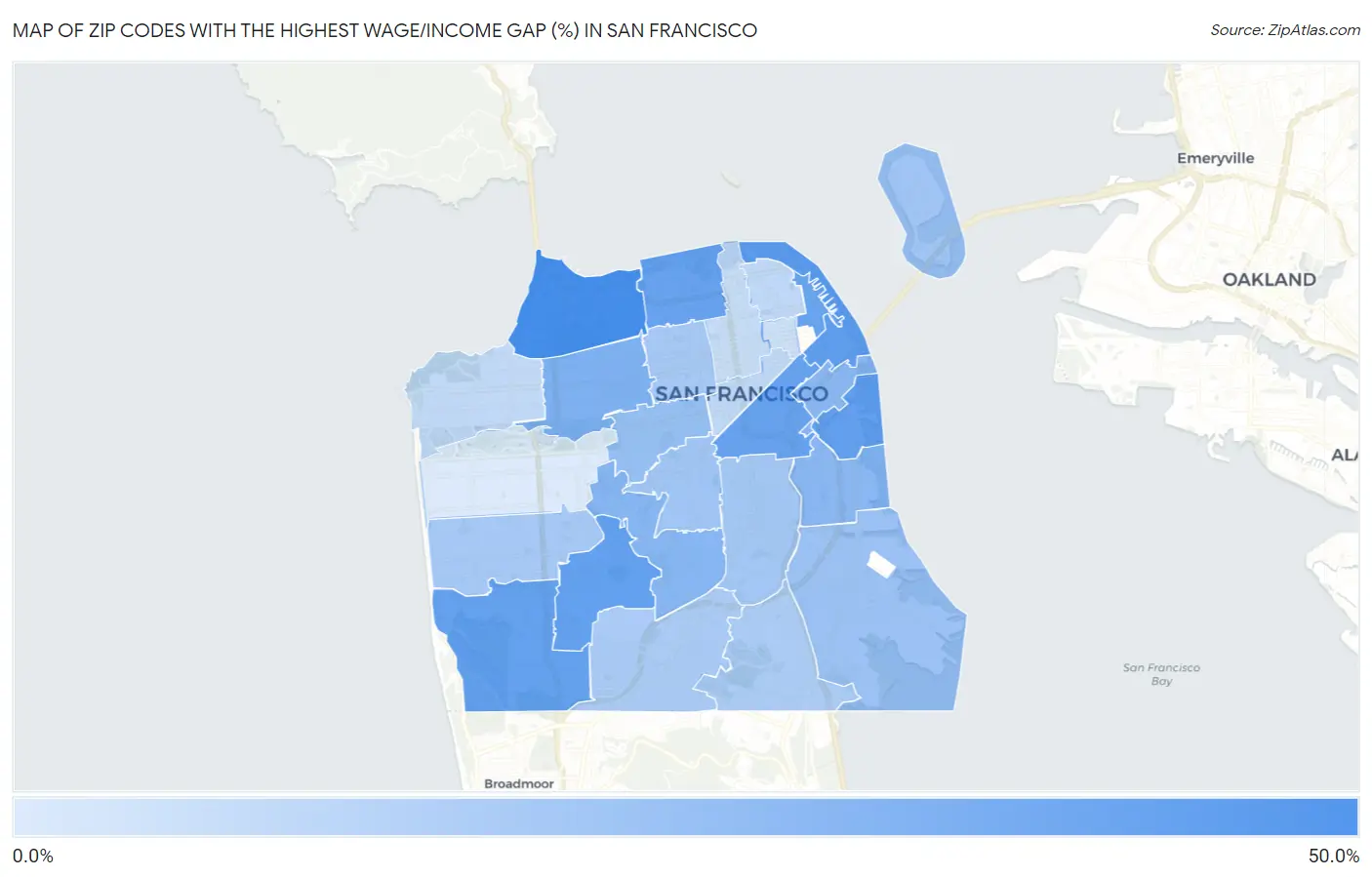 Zip Codes with the Highest Wage/Income Gap (%) in San Francisco Map