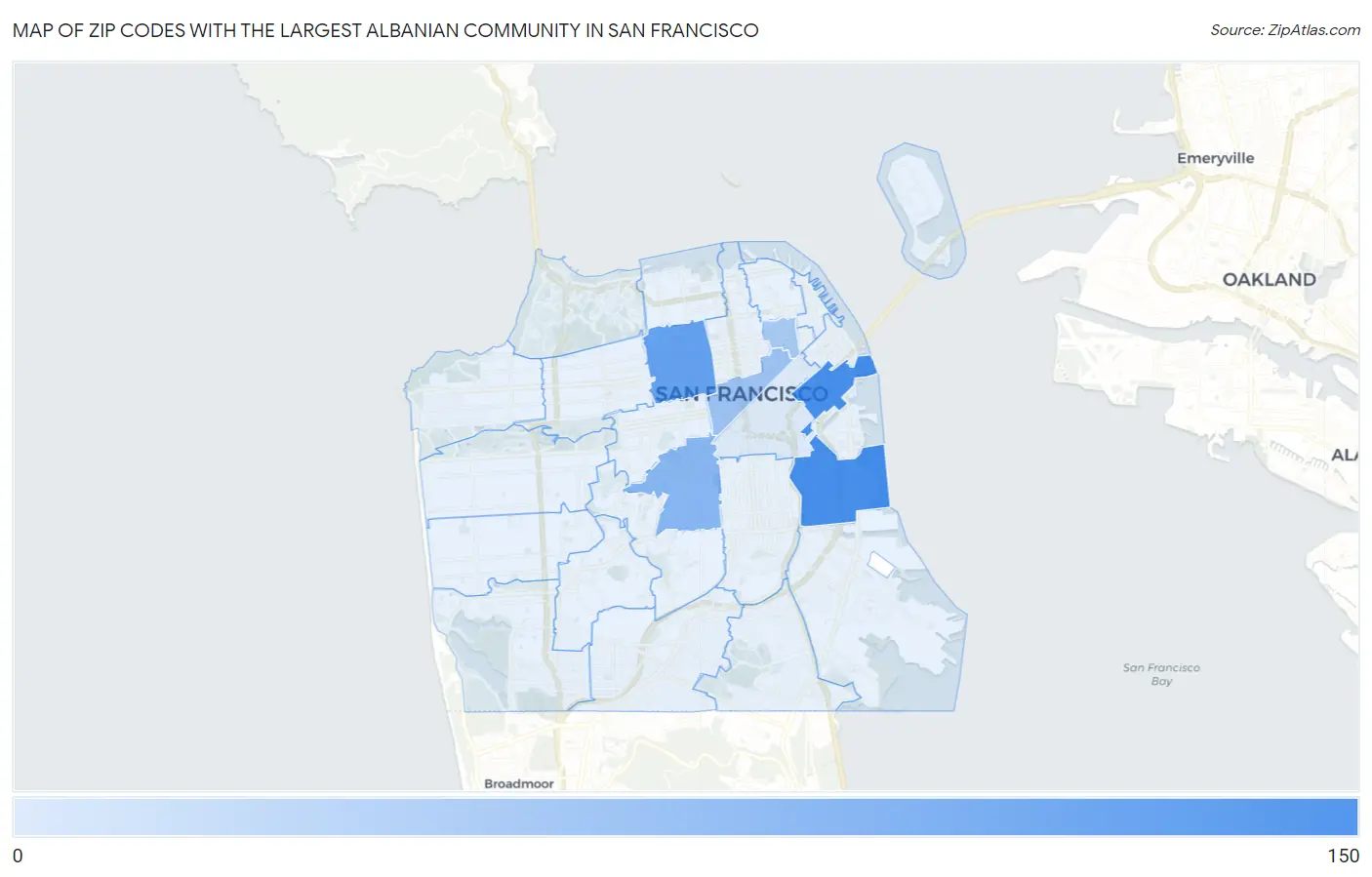Zip Codes with the Largest Albanian Community in San Francisco Map
