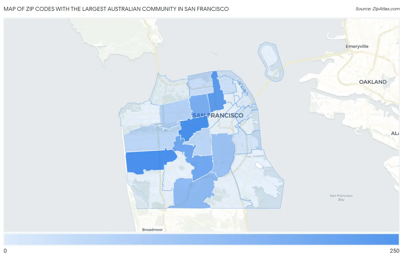 Zip Codes with the Largest Australian Community in San Francisco Map