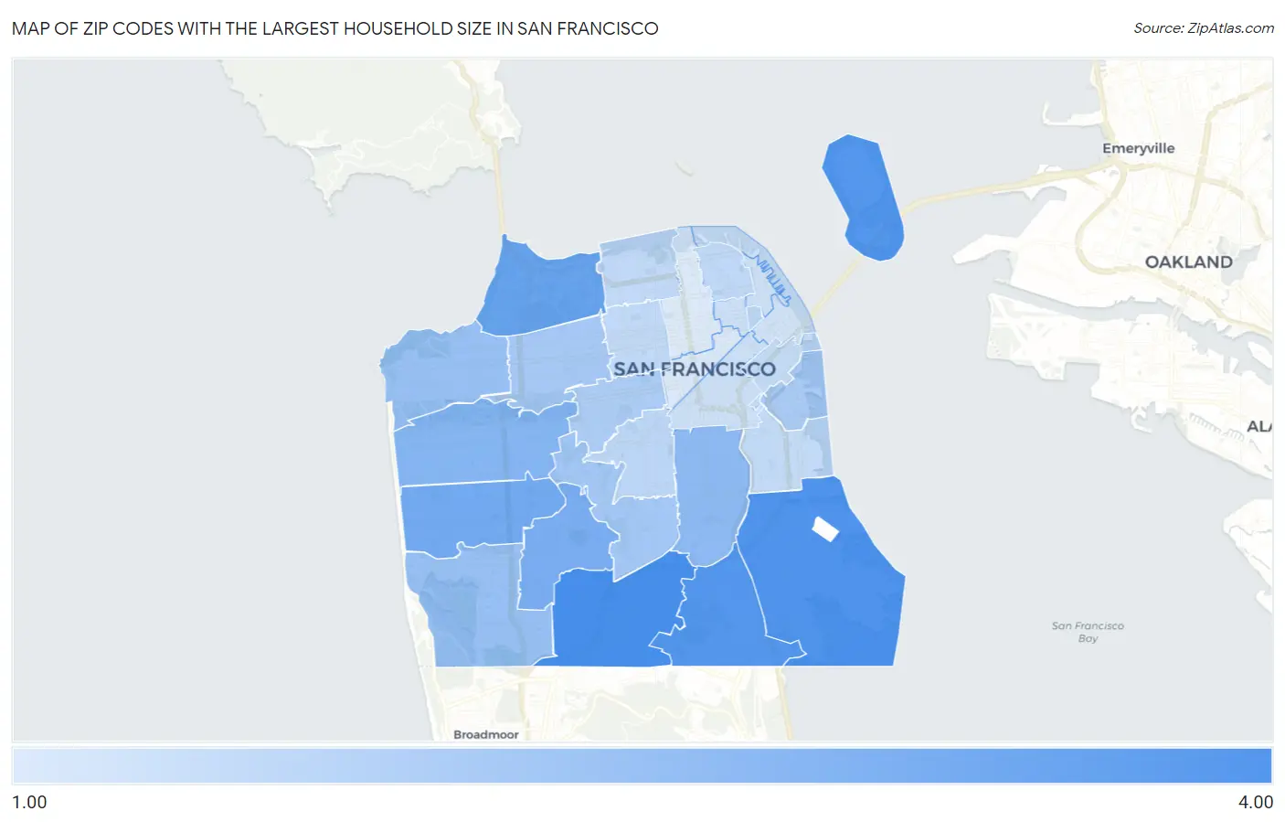 Zip Codes with the Largest Household Size in San Francisco Map