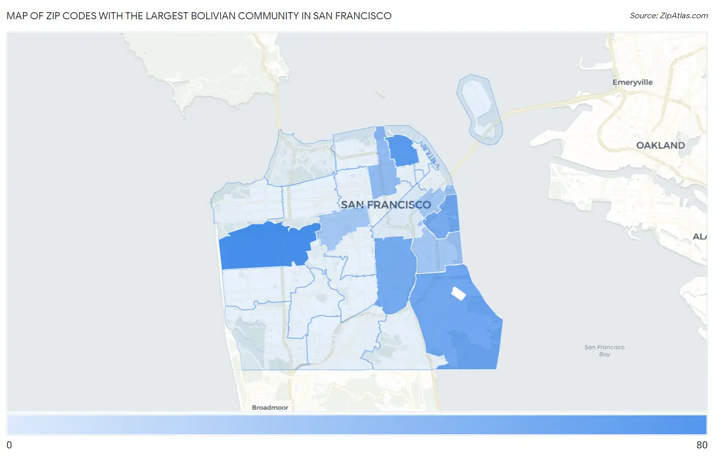 Zip Codes with the Largest Bolivian Community in San Francisco Map