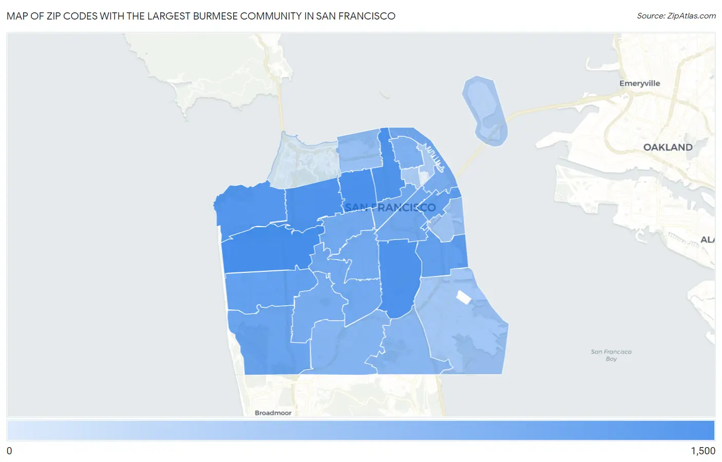 Zip Codes with the Largest Burmese Community in San Francisco Map
