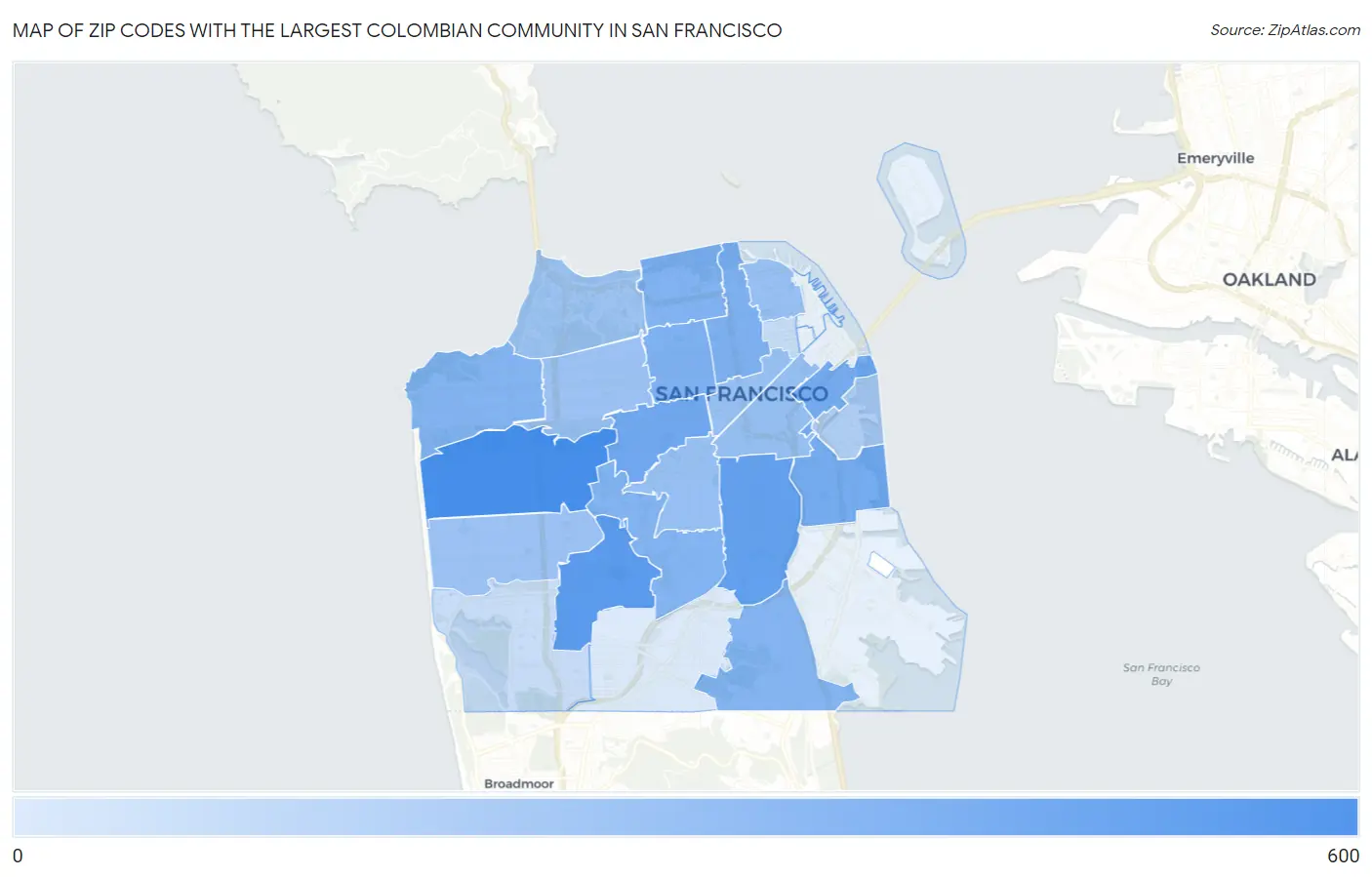 Zip Codes with the Largest Colombian Community in San Francisco Map