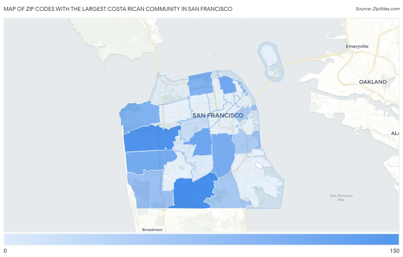 Zip Codes with the Largest Costa Rican Community in San Francisco Map