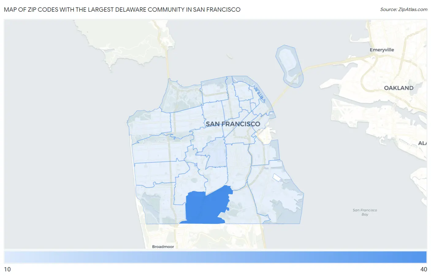 Zip Codes with the Largest Delaware Community in San Francisco Map