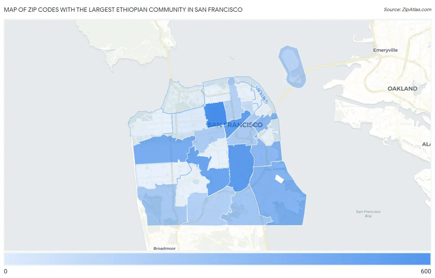 Zip Codes with the Largest Ethiopian Community in San Francisco Map