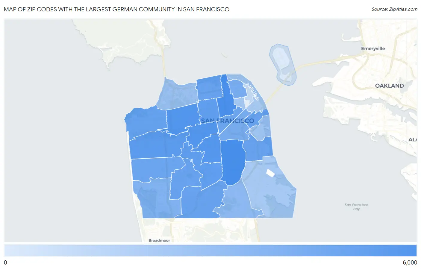Zip Codes with the Largest German Community in San Francisco Map