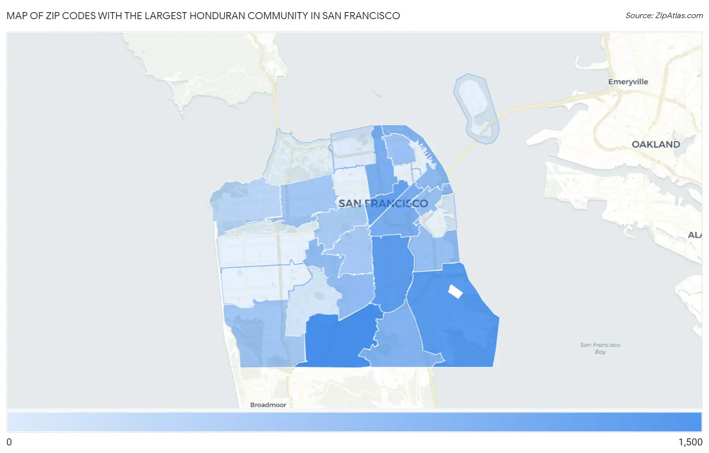 Zip Codes with the Largest Honduran Community in San Francisco Map