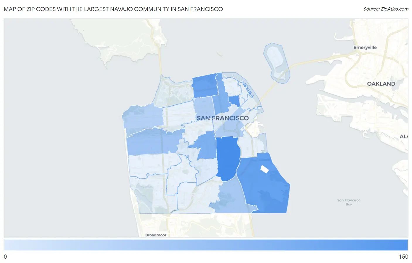 Zip Codes with the Largest Navajo Community in San Francisco Map