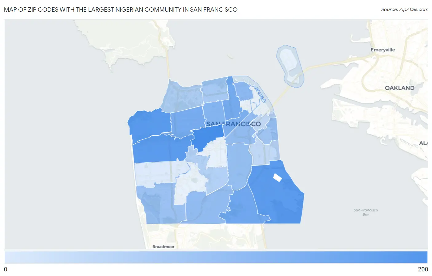 Zip Codes with the Largest Nigerian Community in San Francisco Map