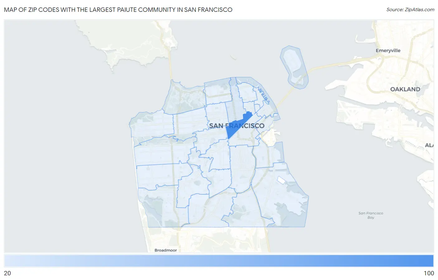 Zip Codes with the Largest Paiute Community in San Francisco Map