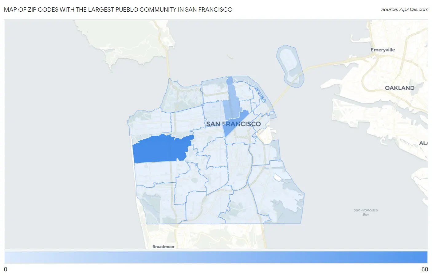 Zip Codes with the Largest Pueblo Community in San Francisco Map