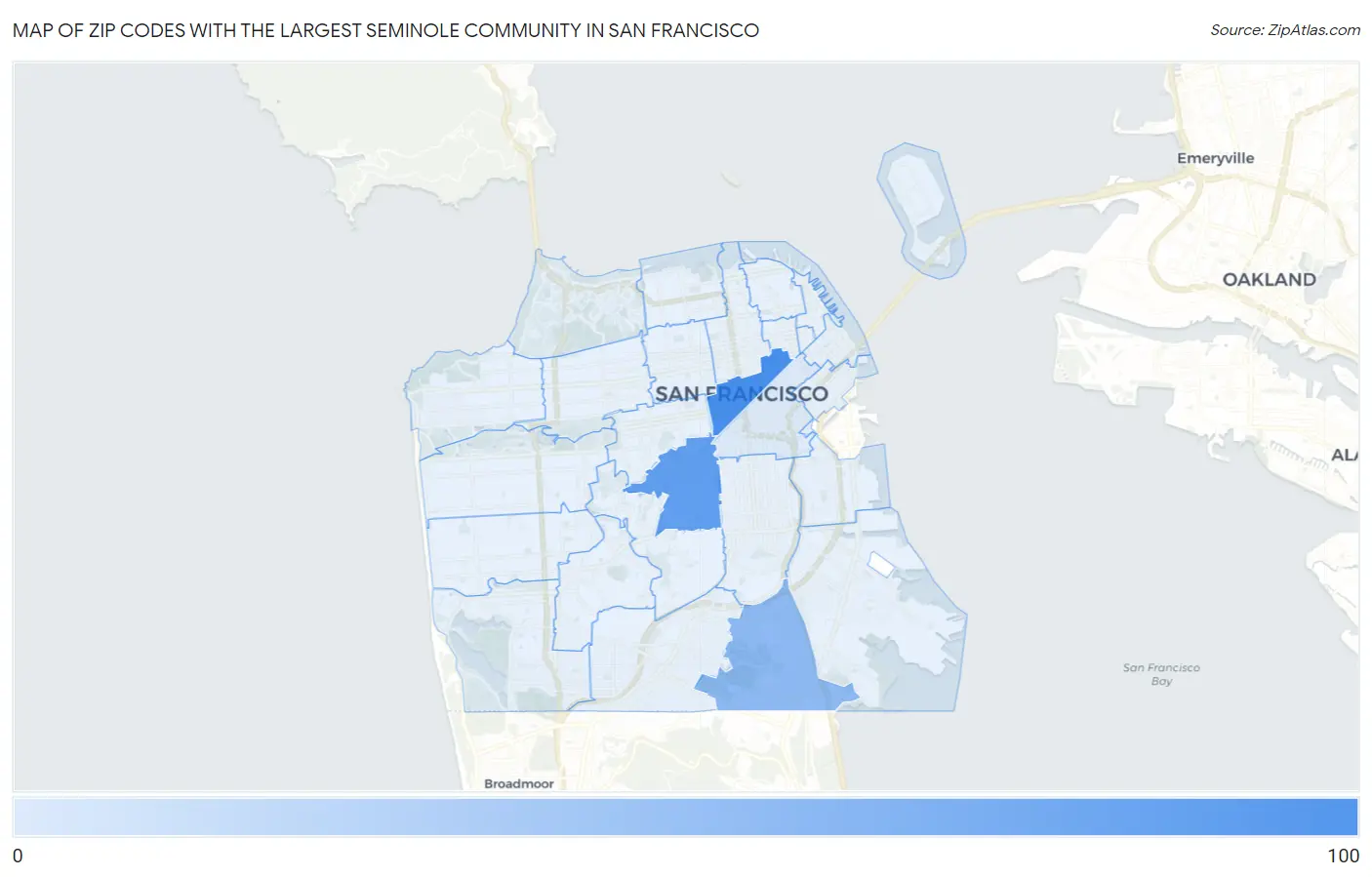 Zip Codes with the Largest Seminole Community in San Francisco Map