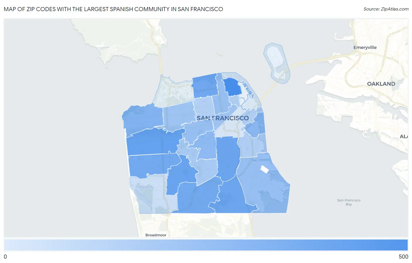 Zip Codes with the Largest Spanish Community in San Francisco Map