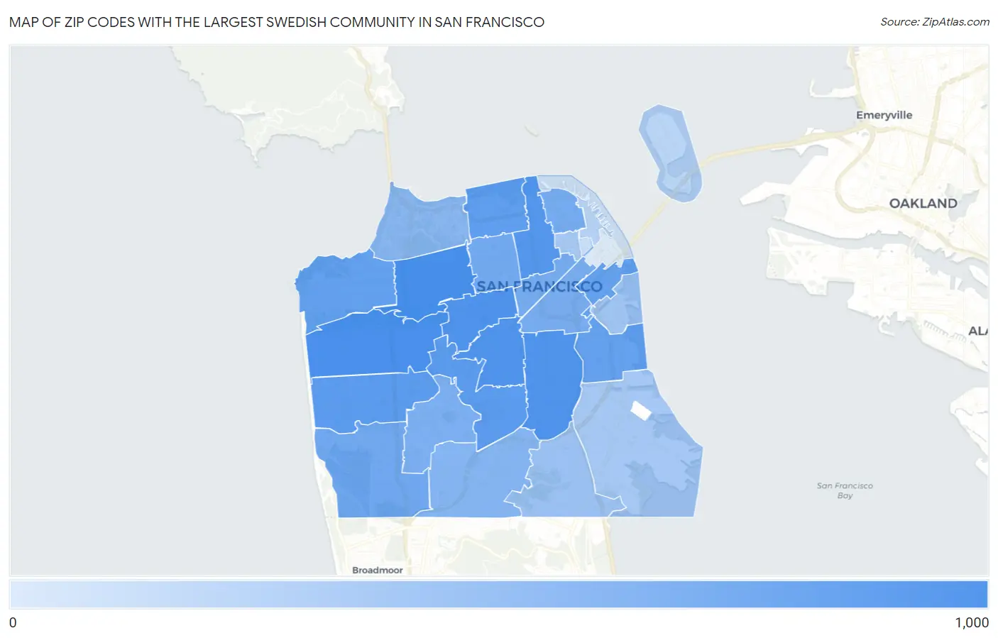 Zip Codes with the Largest Swedish Community in San Francisco Map