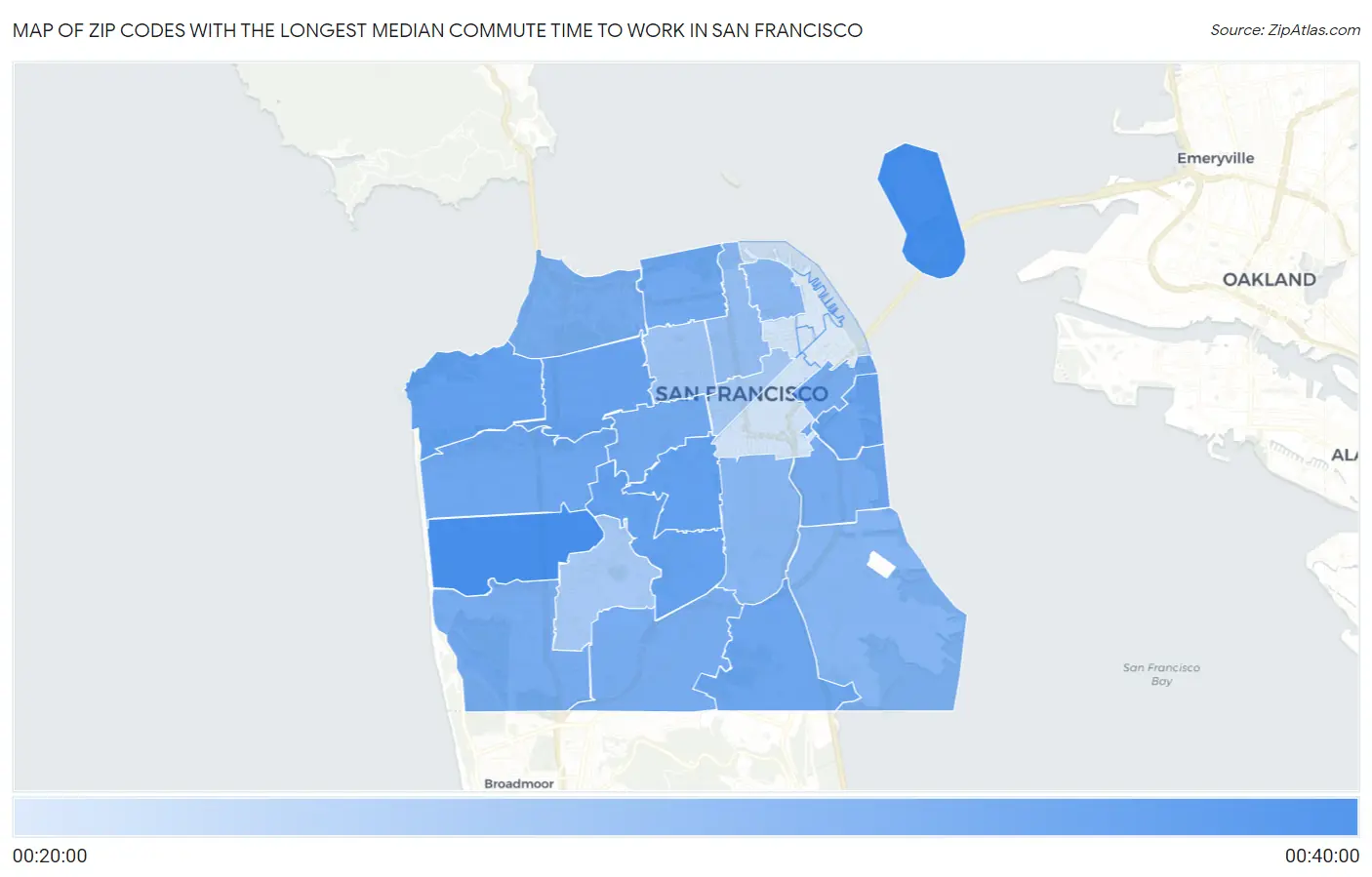 Zip Codes with the Longest Median Commute Time to Work in San Francisco Map
