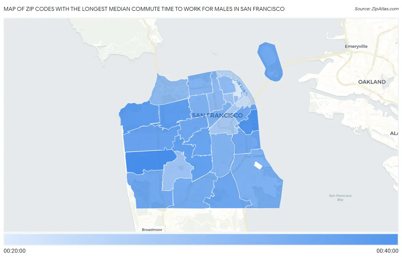 Zip Codes with the Longest Median Commute Time to Work for Males in San Francisco Map