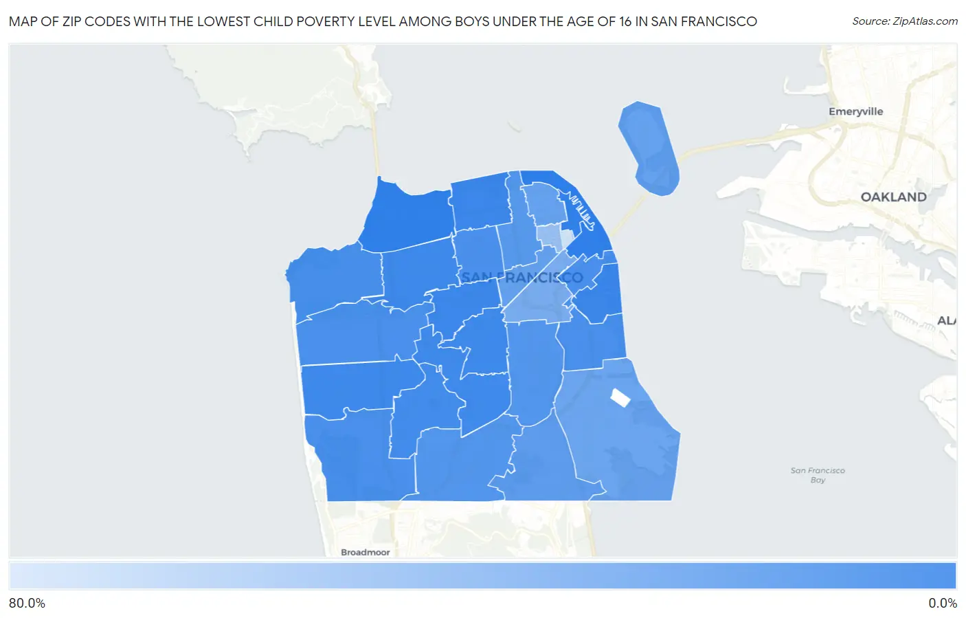 Zip Codes with the Lowest Child Poverty Level Among Boys Under the Age of 16 in San Francisco Map