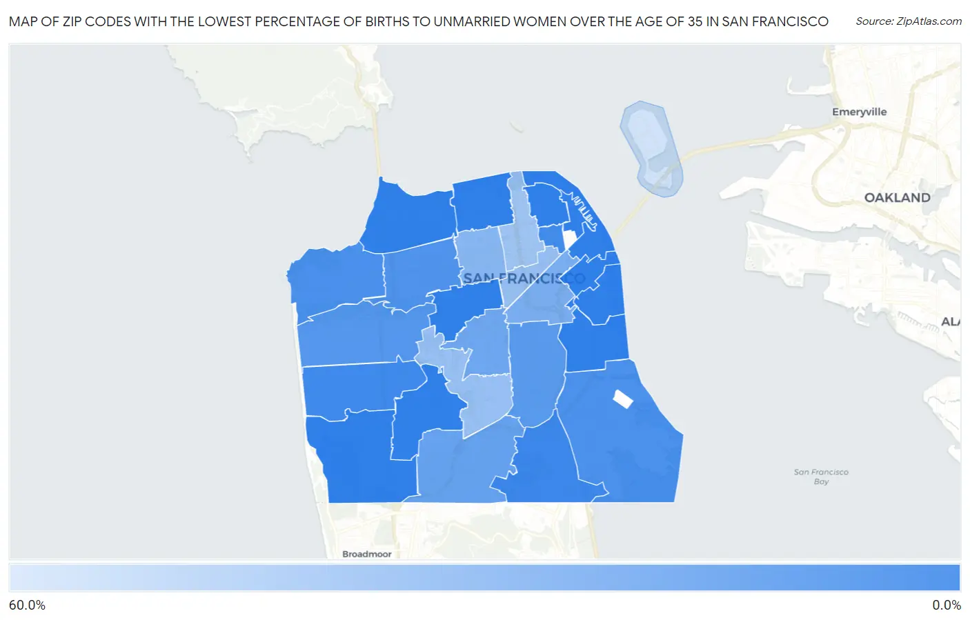 Zip Codes with the Lowest Percentage of Births to Unmarried Women over the Age of 35 in San Francisco Map