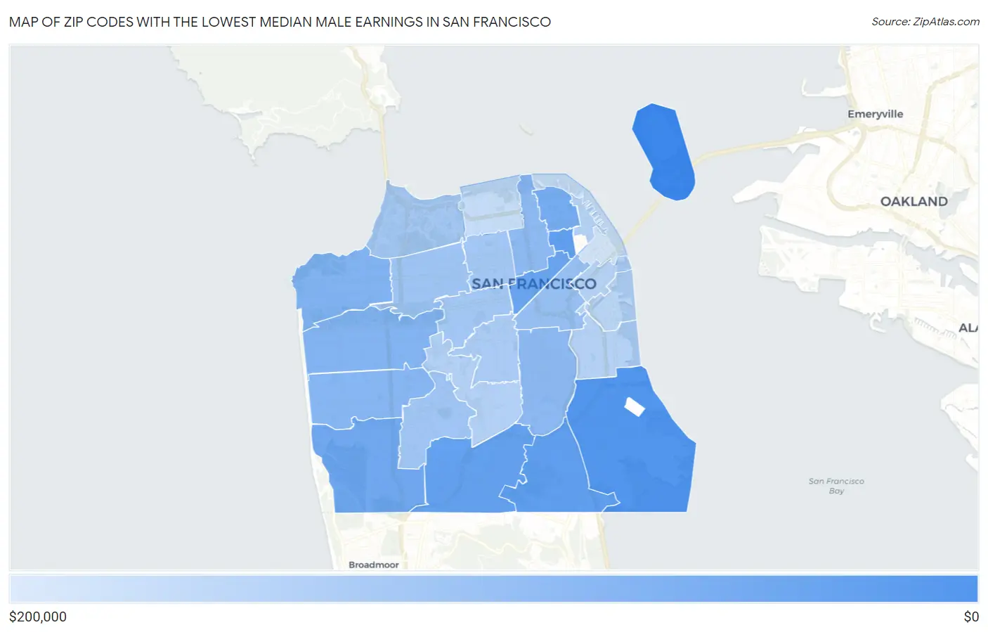 Zip Codes with the Lowest Median Male Earnings in San Francisco Map