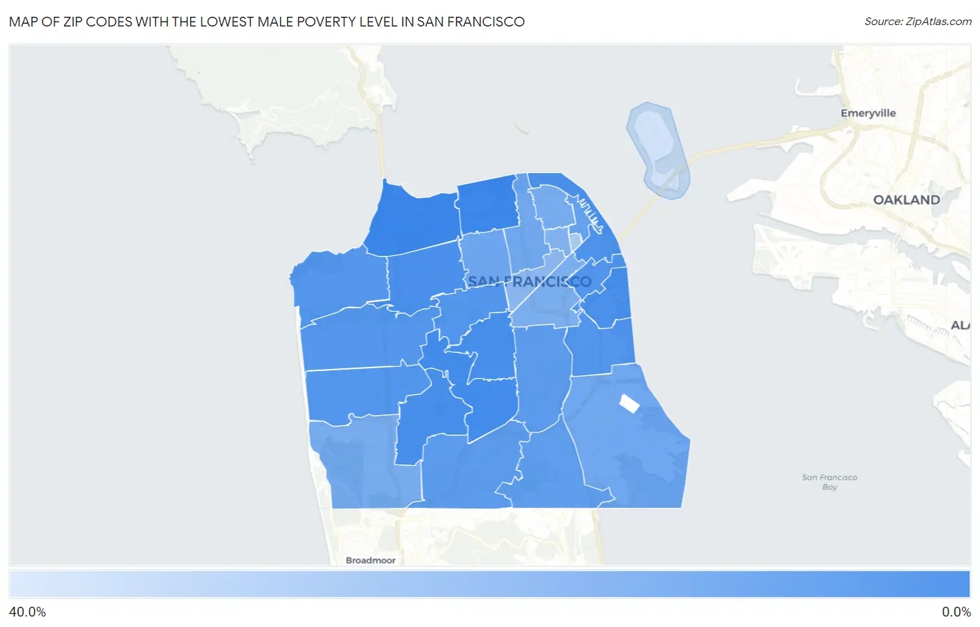 Zip Codes with the Lowest Male Poverty Level in San Francisco Map