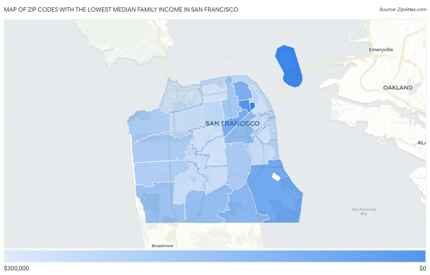 Zip Codes with the Lowest Median Family Income in San Francisco Map