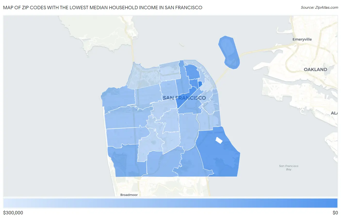 Zip Codes with the Lowest Median Household Income in San Francisco Map