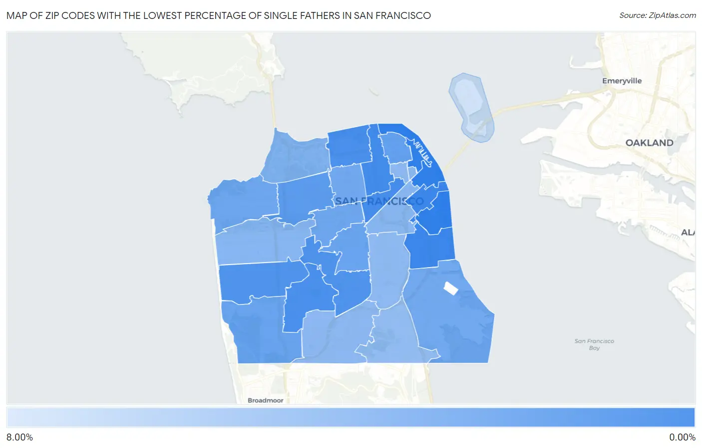 Zip Codes with the Lowest Percentage of Single Fathers in San Francisco Map