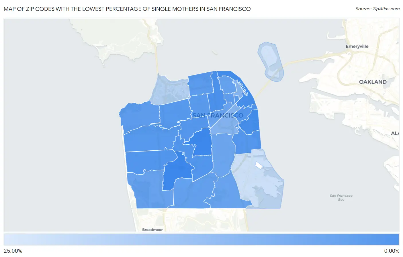 Zip Codes with the Lowest Percentage of Single Mothers in San Francisco Map