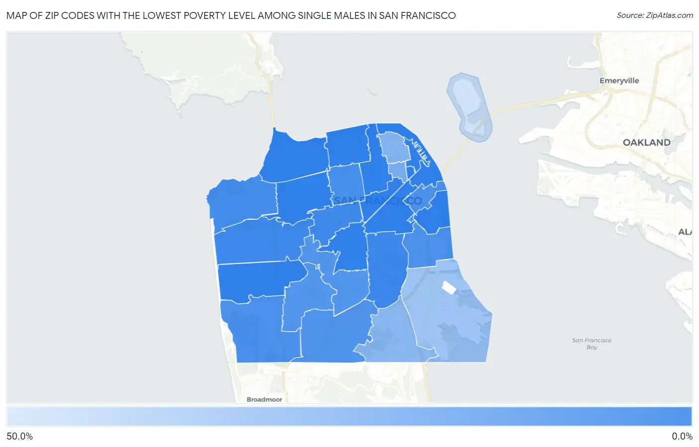 Zip Codes with the Lowest Poverty Level Among Single Males in San Francisco Map