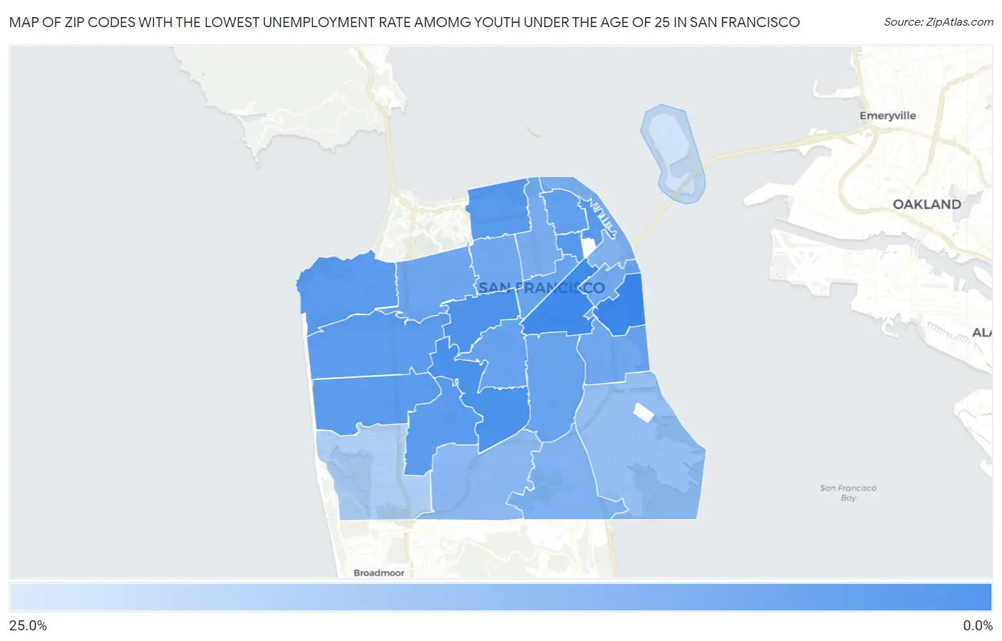 Zip Codes with the Lowest Unemployment Rate Amomg Youth Under the Age of 25 in San Francisco Map