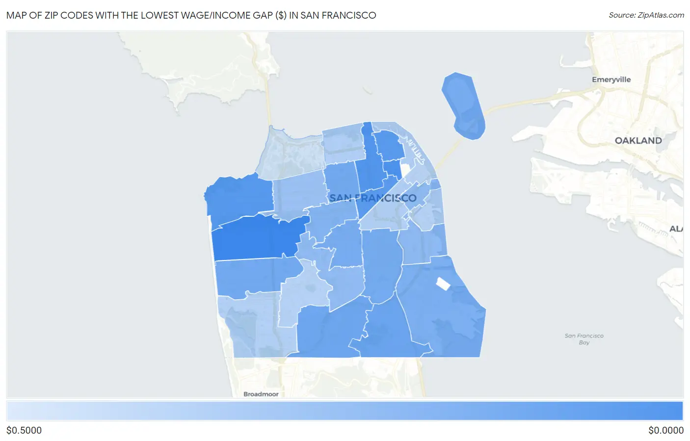 Zip Codes with the Lowest Wage/Income Gap ($) in San Francisco Map