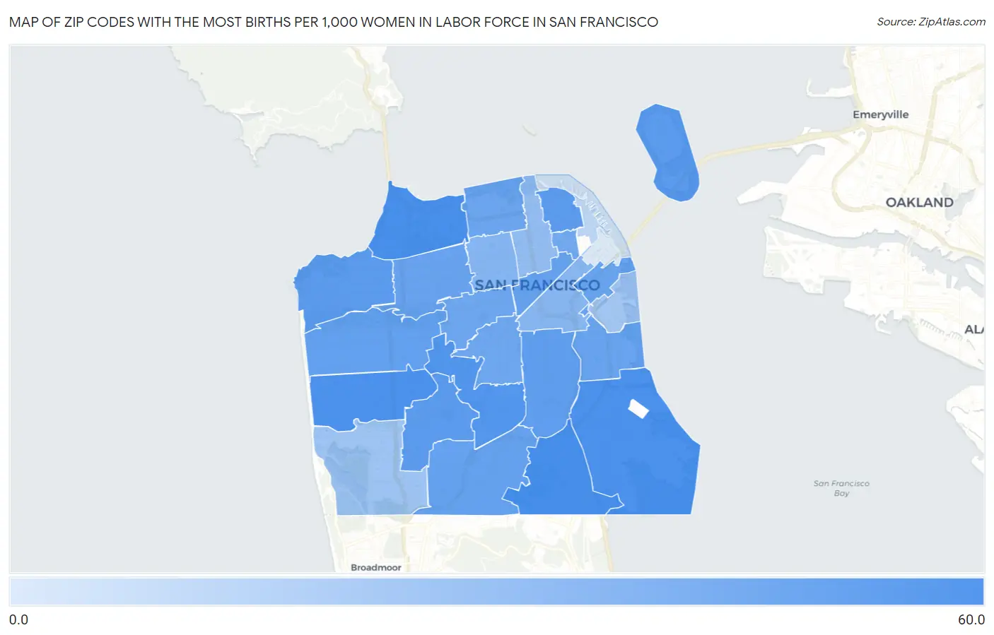 Zip Codes with the Most Births per 1,000 Women in Labor Force in San Francisco Map