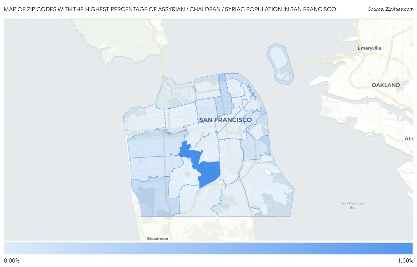 Zip Codes with the Highest Percentage of Assyrian / Chaldean / Syriac Population in San Francisco Map