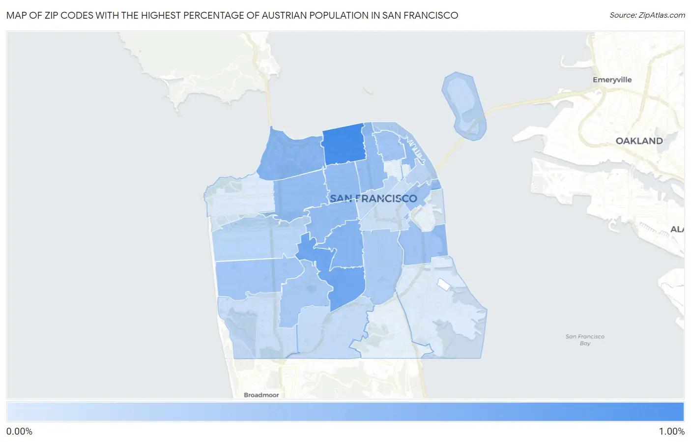 Zip Codes with the Highest Percentage of Austrian Population in San Francisco Map