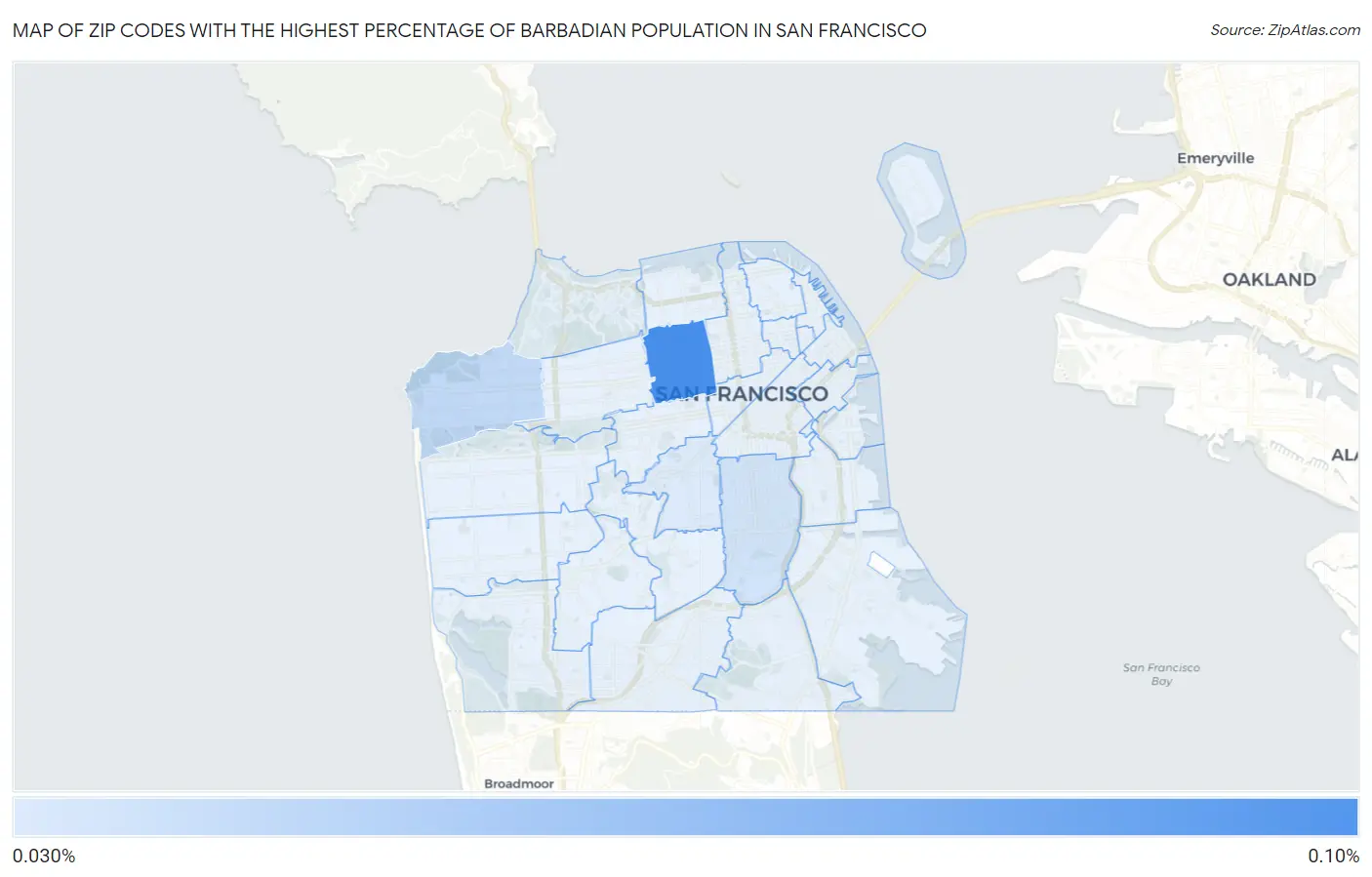 Zip Codes with the Highest Percentage of Barbadian Population in San Francisco Map