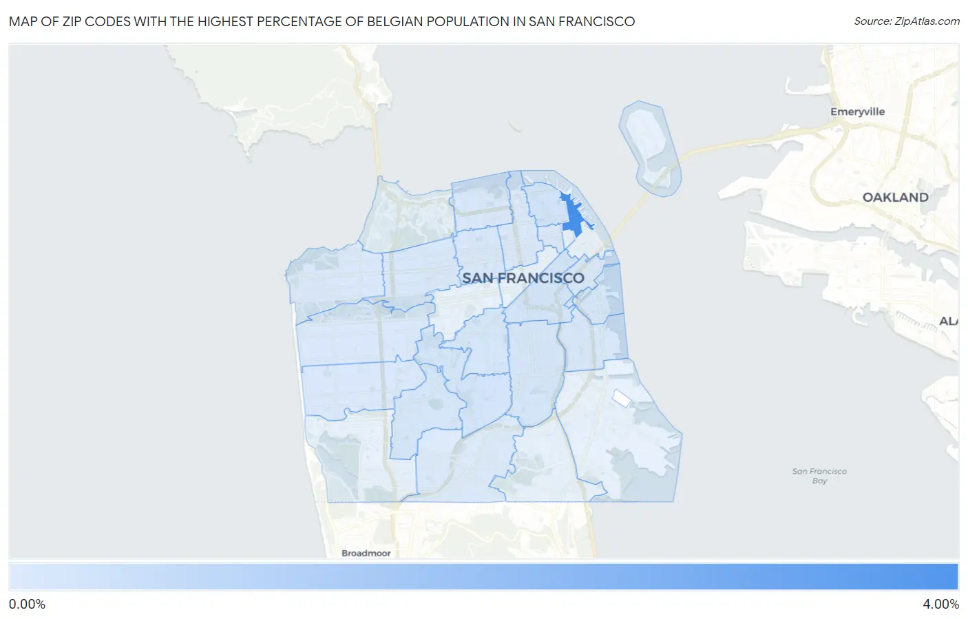 Zip Codes with the Highest Percentage of Belgian Population in San Francisco Map