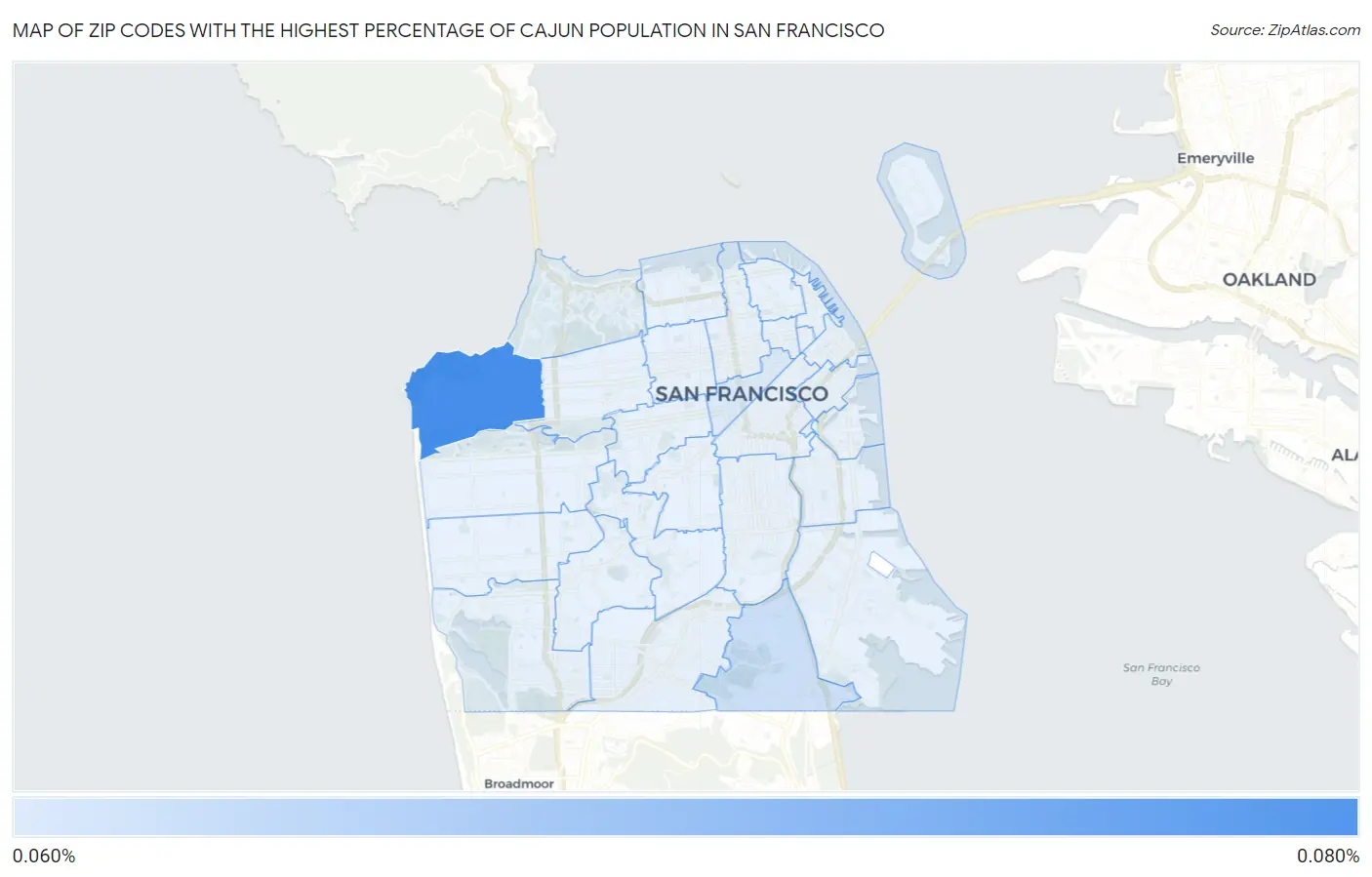 Zip Codes with the Highest Percentage of Cajun Population in San Francisco Map