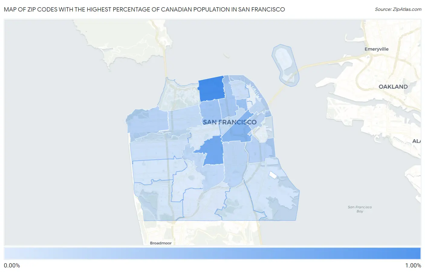Zip Codes with the Highest Percentage of Canadian Population in San Francisco Map