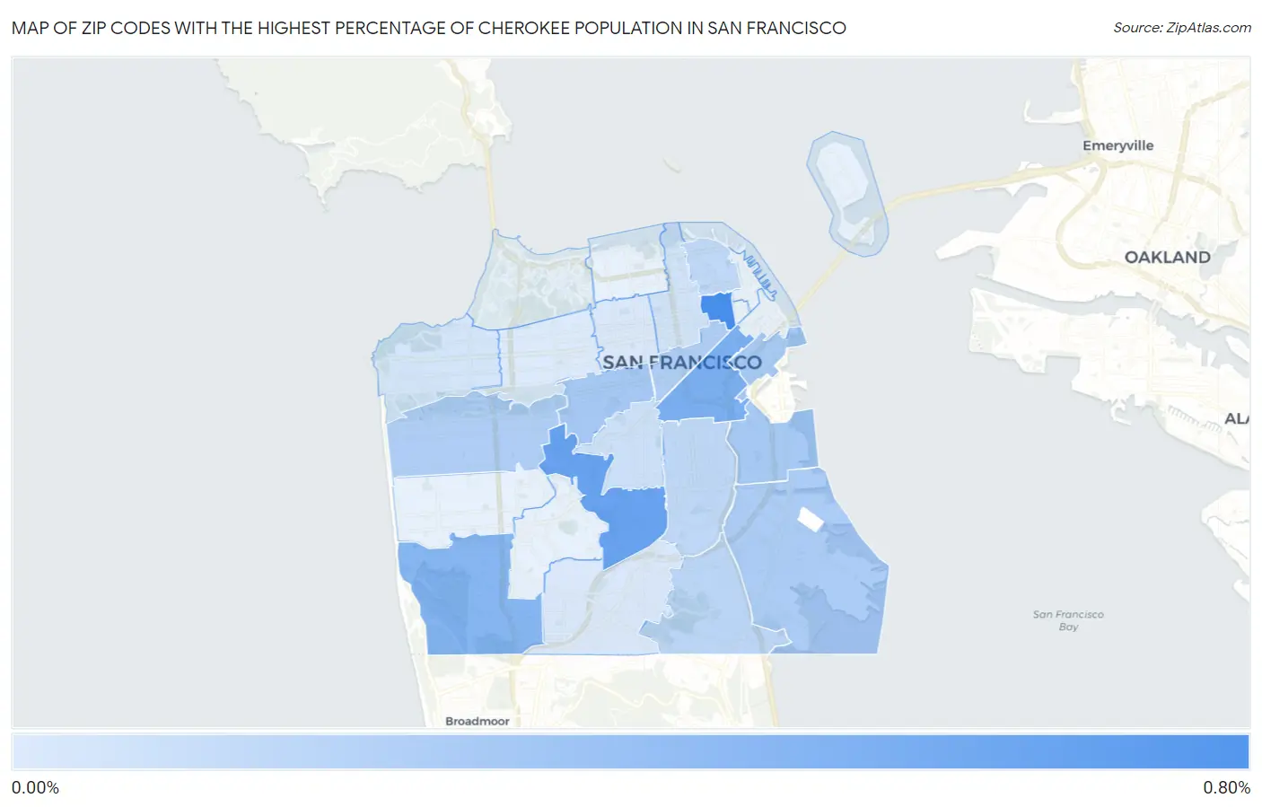 Zip Codes with the Highest Percentage of Cherokee Population in San Francisco Map