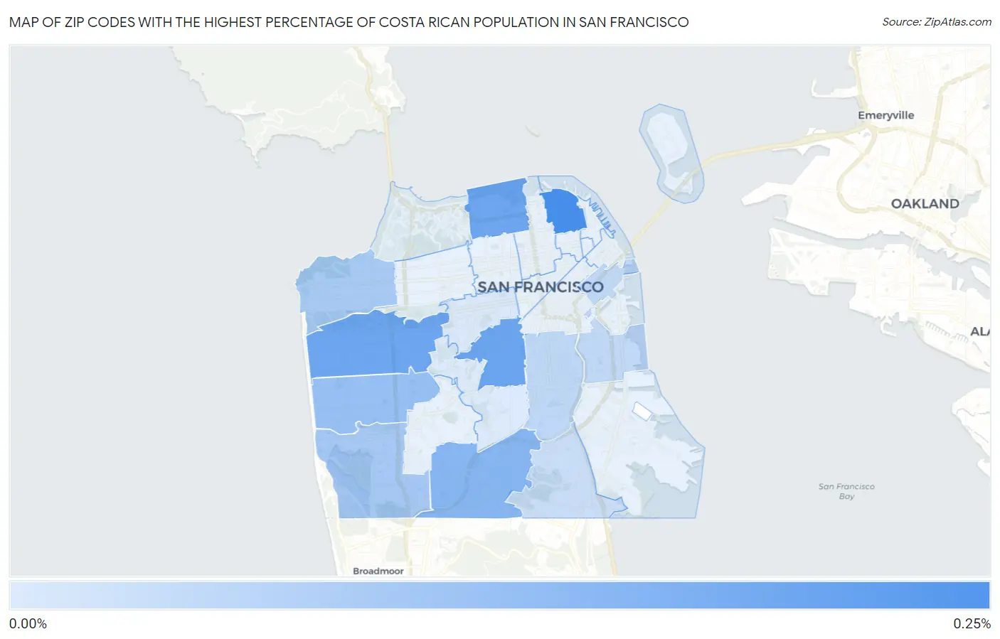 Zip Codes with the Highest Percentage of Costa Rican Population in San Francisco Map