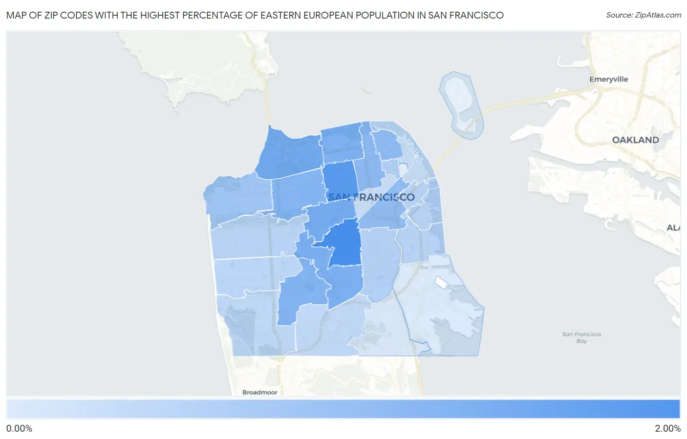 Zip Codes with the Highest Percentage of Eastern European Population in San Francisco Map
