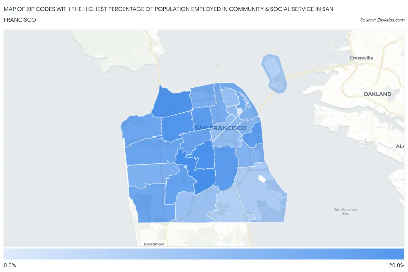 Zip Codes with the Highest Percentage of Population Employed in Community & Social Service  in San Francisco Map