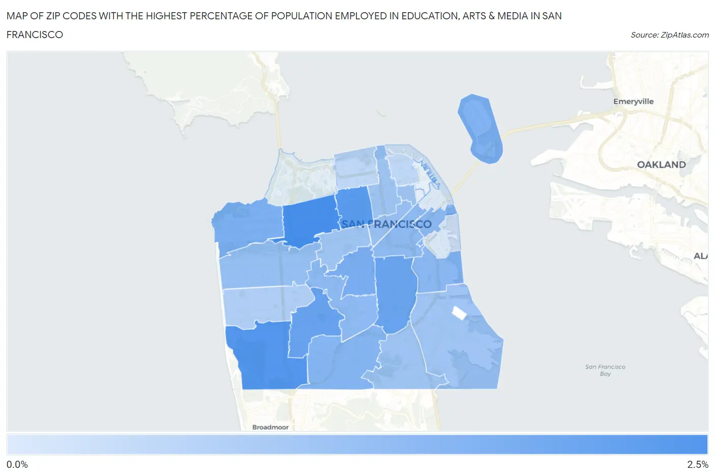 Zip Codes with the Highest Percentage of Population Employed in Education, Arts & Media in San Francisco Map