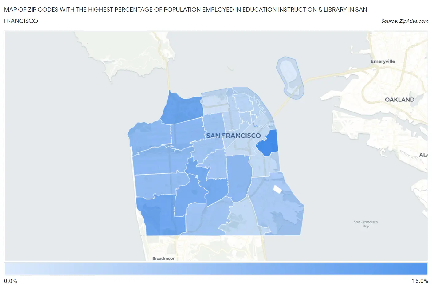 Zip Codes with the Highest Percentage of Population Employed in Education Instruction & Library in San Francisco Map
