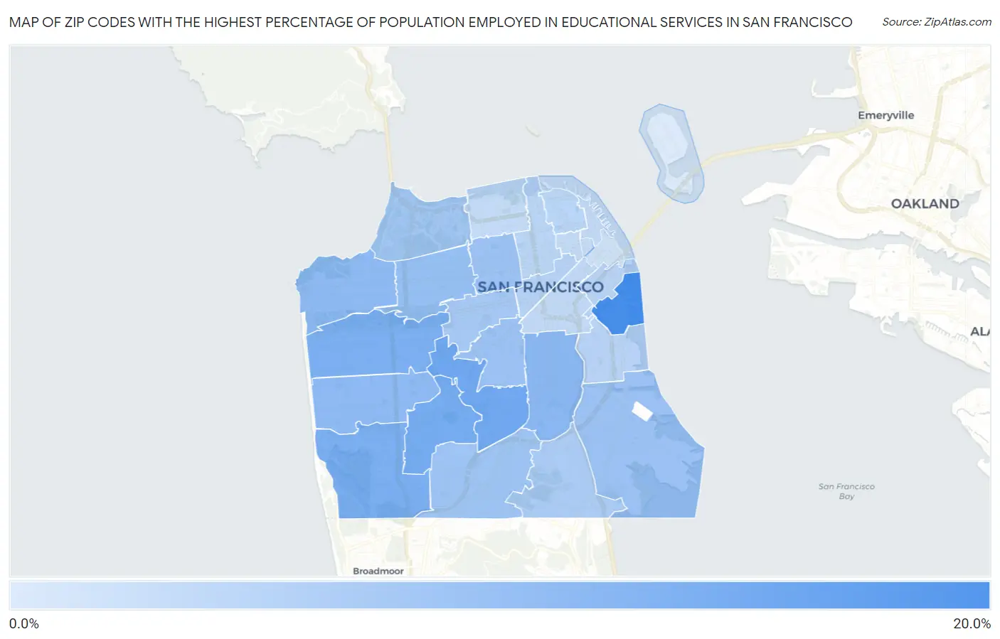Zip Codes with the Highest Percentage of Population Employed in Educational Services in San Francisco Map