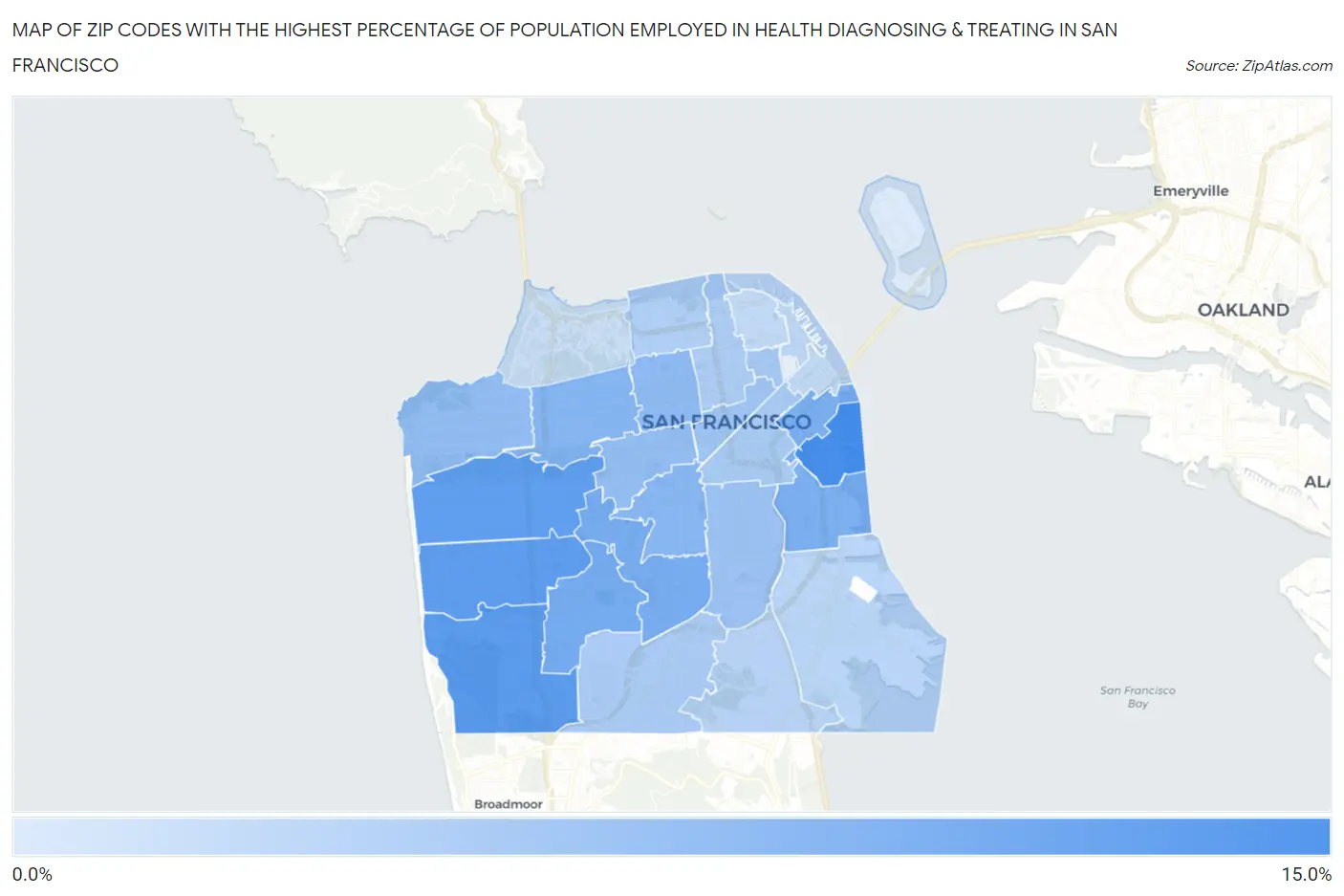 Zip Codes with the Highest Percentage of Population Employed in Health Diagnosing & Treating in San Francisco Map