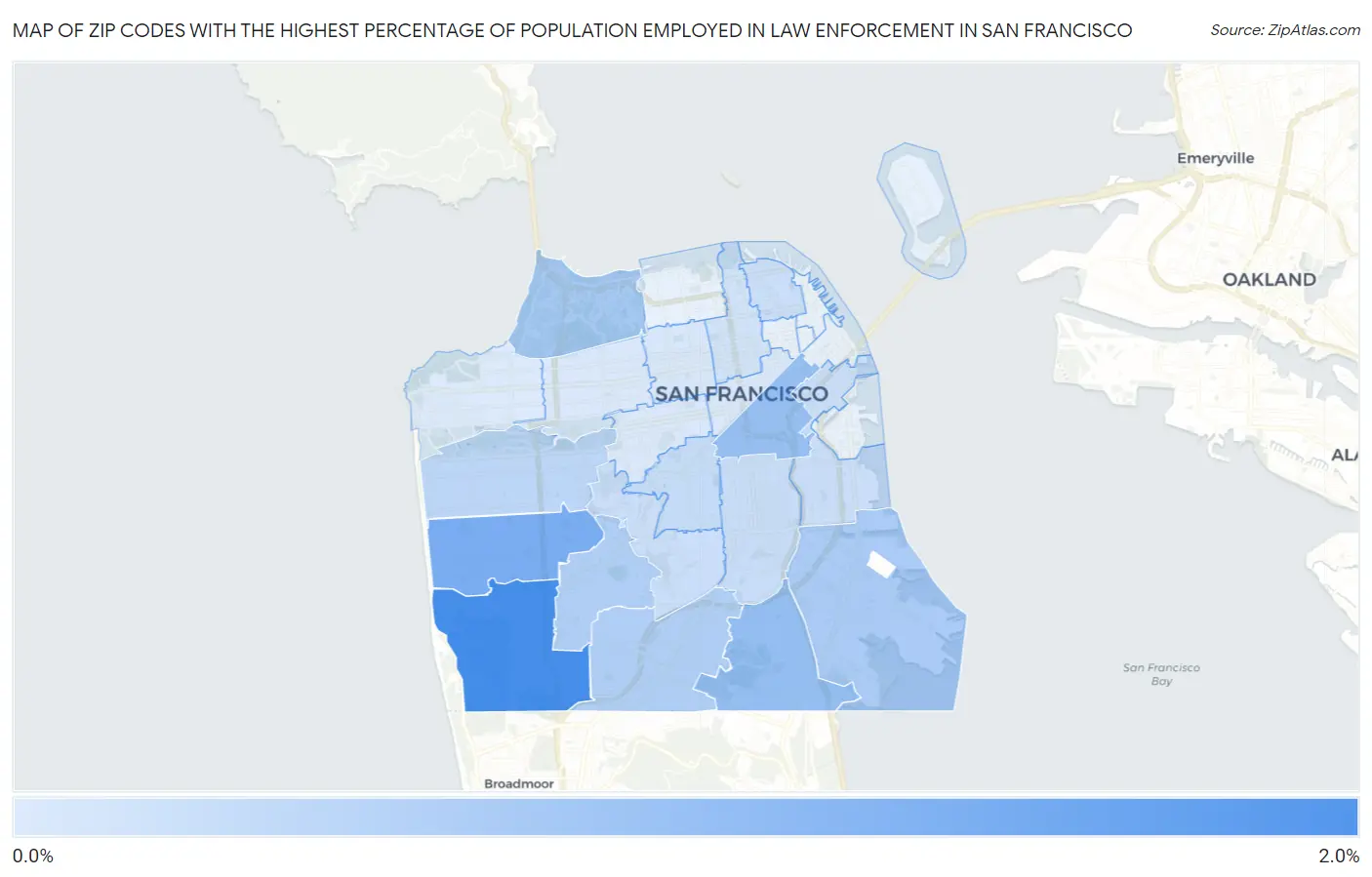 Zip Codes with the Highest Percentage of Population Employed in Law Enforcement in San Francisco Map